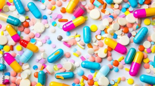 A lot of colorful pills fall on a white background. Health care concept.