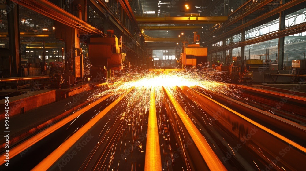 A wide-angle shot of a steel mill, showing large steel beams being produced and moved by cranes A wide-angle shot of a steel mill, showing large steel beams being produced and moved by cranes
