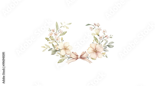 A flower arrangement with pink flowers and green leaves. The arrangement is circular and has a white background