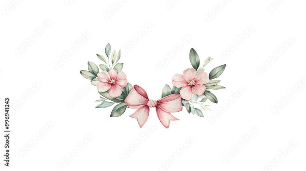A flower arrangement with pink flowers and green leaves. The arrangement is circular and has a white background A flower arrangement with pink flowers and green leaves. The arrangement is circular and has a white background
