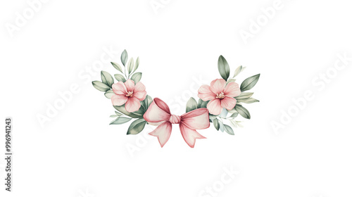 A flower arrangement with pink flowers and green leaves. The arrangement is circular and has a white background