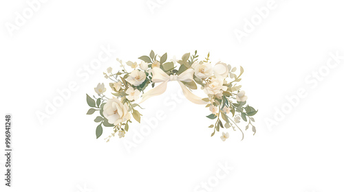 A flower arrangement with pink flowers and green leaves. The arrangement is circular and has a white background