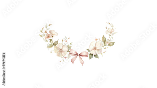 A flower arrangement with pink flowers and green leaves. The arrangement is circular and has a white background