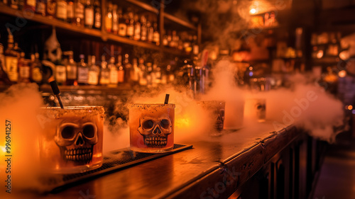 A long wooden bar covered with Halloween themed