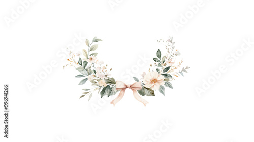 A flower arrangement with pink flowers and green leaves. The arrangement is circular and has a white background