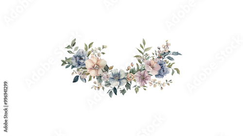 A flower arrangement with pink flowers and green leaves. The arrangement is circular and has a white background