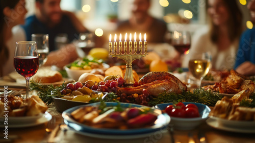 A menorah placed in the center of a bustling Hanukkah dinner table, surrounded by traditional foods and family laughter. photo