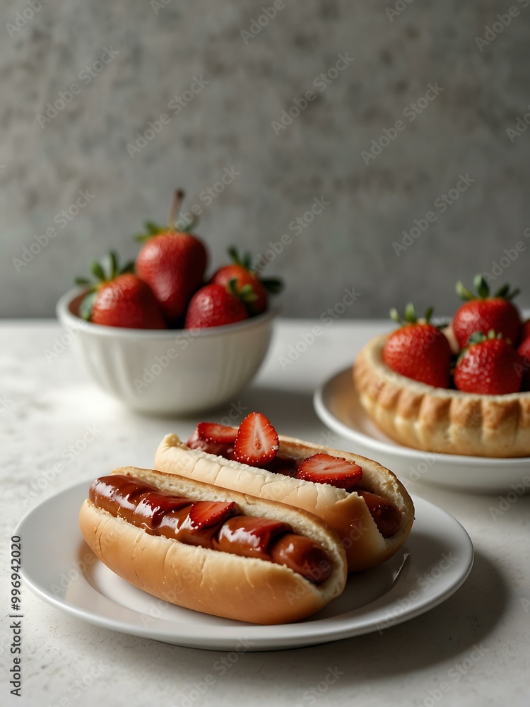 Hot dog, two pies, and strawberries on a white table. Hot dog, two pies, and strawberries on a white table.