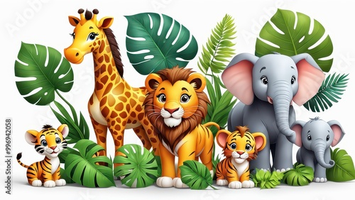 Fototapeta Naklejka Na Ścianę i Meble -  A colorful illustration of cartoon animals in a lush jungle setting.
