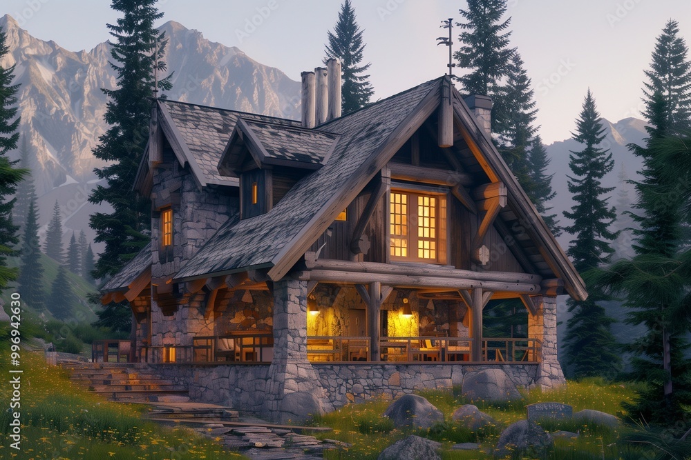 Fototapeta premium A cozy mountain cabin with a stone foundation and wooden beams, nestled among tall pine trees. The house has a warm glow from the windows and a small porch with a view of the mountains.