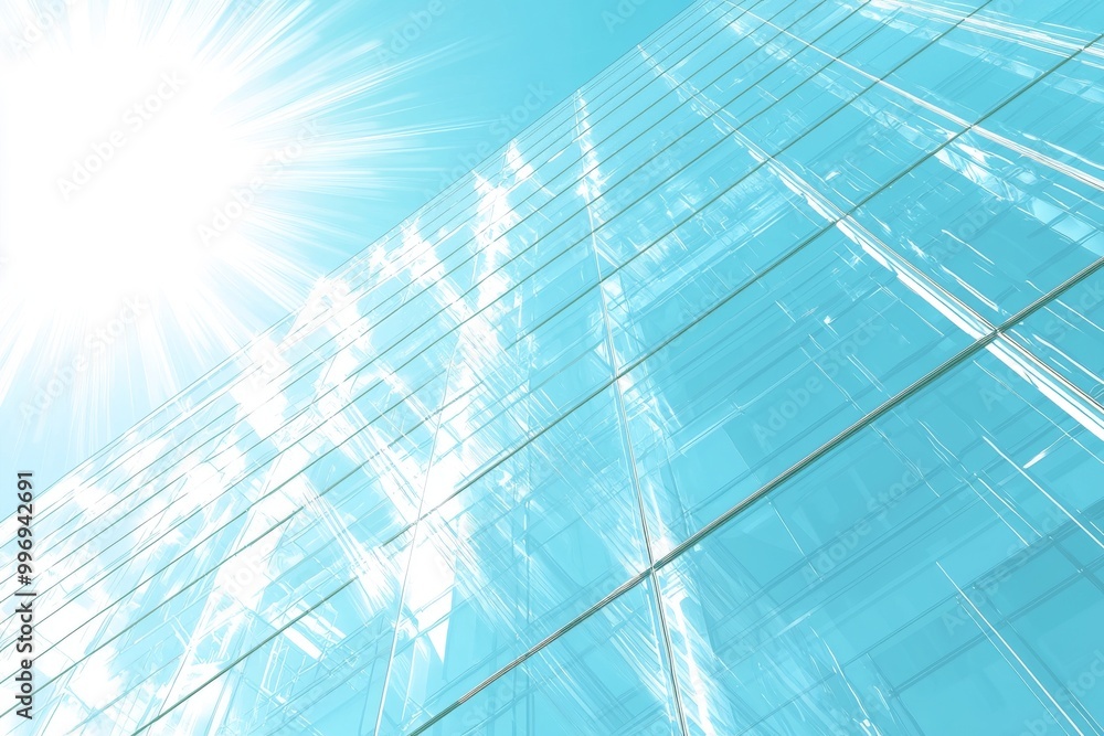 Fototapeta premium This is a view of a skyscraper with dark steel windows on a blue clear sky background. The sun light shines through the windows of a high rise building surrounded by a blue clear sky. A 3D render is