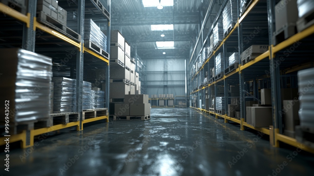 Concept of a modern warehouse distribution center with shelves, pallets, and forklifts provided by logistics and transportation Concept of a modern warehouse distribution center with shelves, pallets, and forklifts provided by logistics and transportation