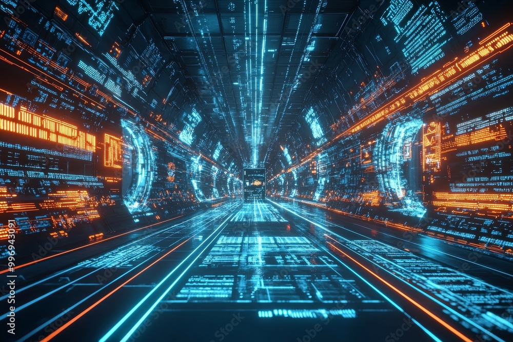 The Internet of things and animation of futuristic technology are represented in the form of abstract blue glowing fiber optic lines. Fast data transfer and high-speed Internet connections are The Internet of things and animation of futuristic technology are represented in the form of abstract blue glowing fiber optic lines. Fast data transfer and high-speed Internet connections are