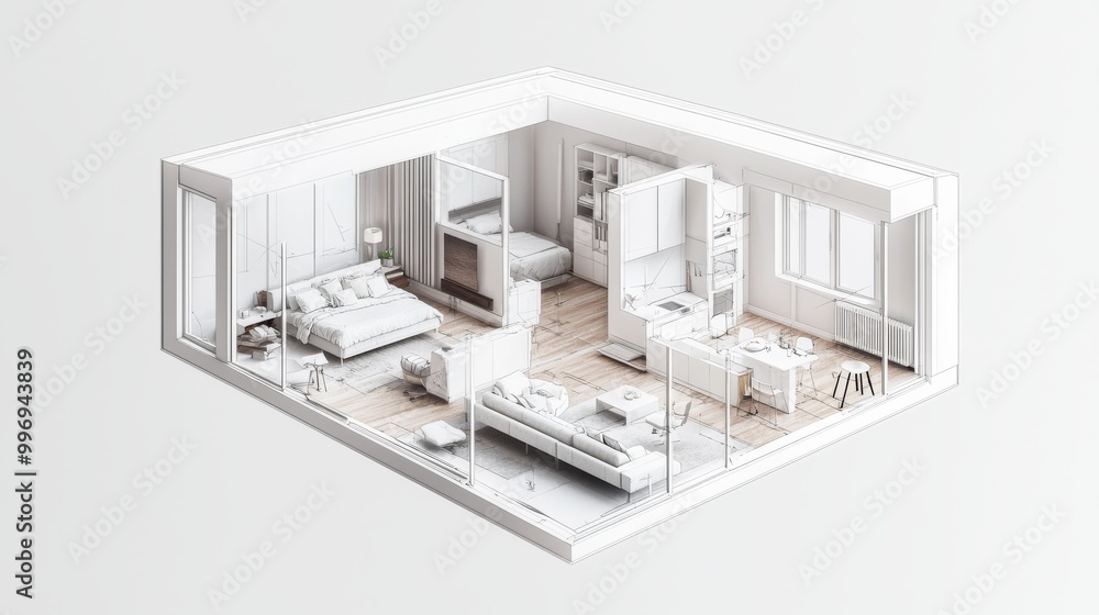 A floor plan that demonstrates distinct zones, such as private bedrooms, semi-private offices, and public living spaces, designed to maximize space utilization and privacy. A floor plan that demonstrates distinct zones, such as private bedrooms, semi-private offices, and public living spaces, designed to maximize space utilization and privacy.