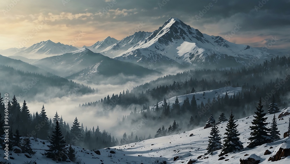 Illustration of a snowy, foggy mountain scene. Illustration of a snowy, foggy mountain scene.