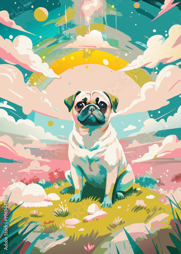 Adorable Pug in a Whimsical Fantasy Landscape