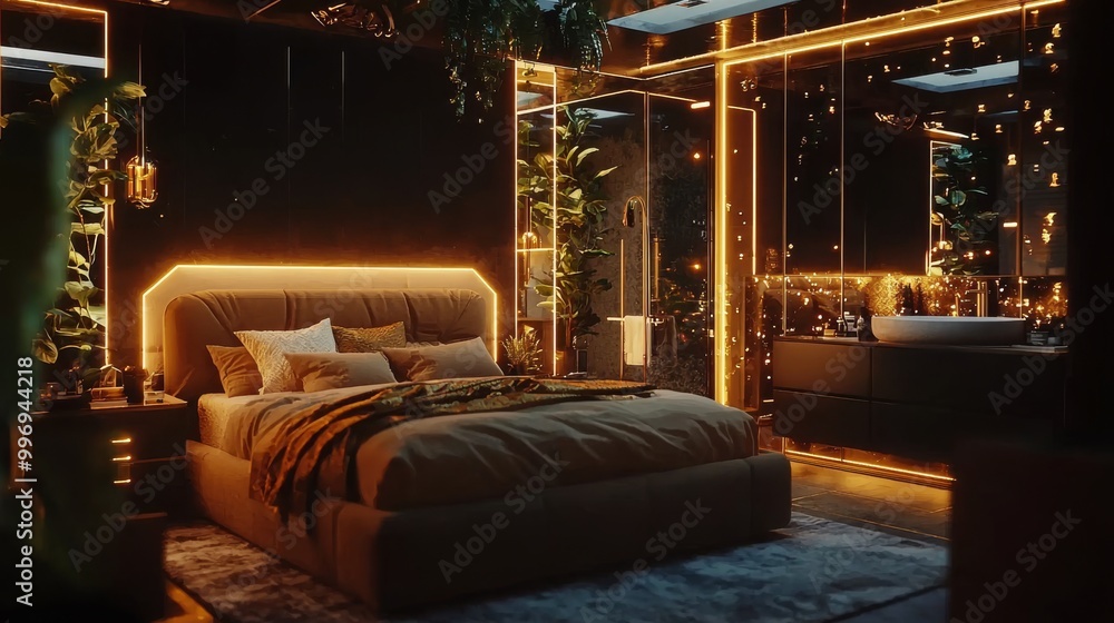 A dark modern room with wood trim and led lights with a white bed and freestanding bath behind a glass partition in an expensive luxury home: Stock photo A dark modern room with wood trim and led lights with a white bed and freestanding bath behind a glass partition in an expensive luxury home: Stock photo