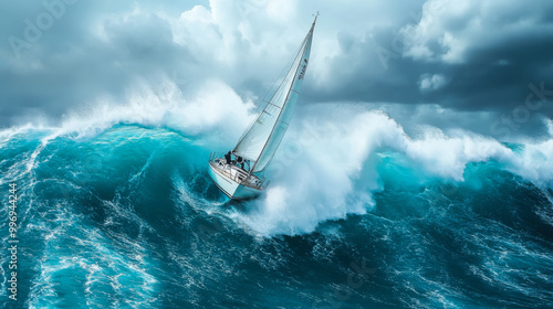 A sailboat navigating a towering wave during a stormy sea in an intense, dynamic atmosphere photo