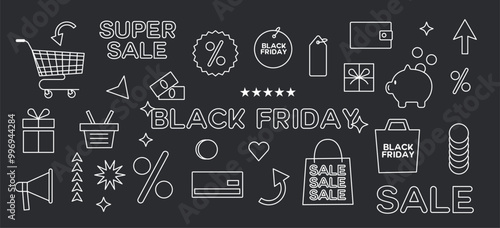 Black Friday Icons Set. White Marketing Elements on Black Background. Shopping, Discount, and Sale Symbols. Vector flat illustration of Gift Box, Tag, Bags, Megaphone and Percentage.