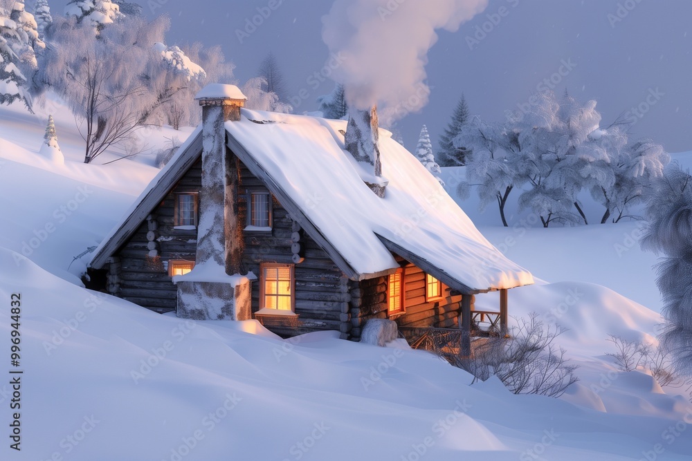 Naklejka premium A cozy winter cabin with a snow-covered roof, nestled in a snowy landscape. The house has a warm glow from the windows and a chimney with smoke rising into the crisp air.