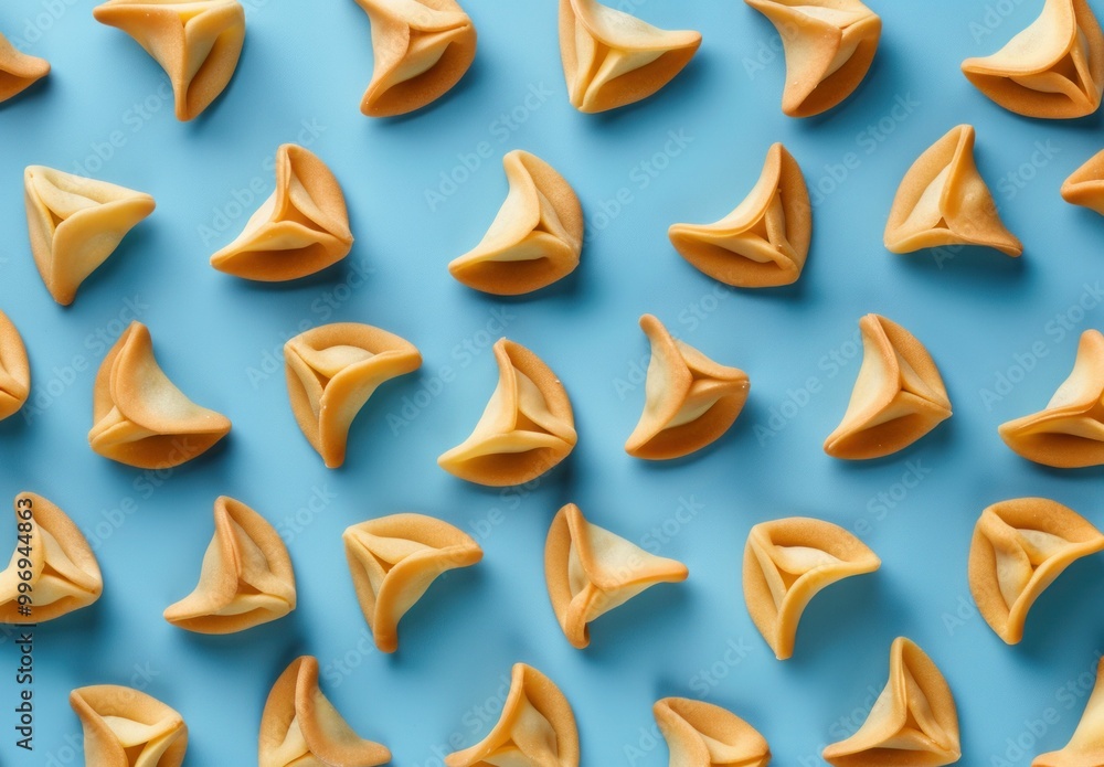 Assorted fortune cookies arranged on a blue background, showcasing their unique shapes and textures in a playful manner Assorted fortune cookies arranged on a blue background, showcasing their unique shapes and textures in a playful manner