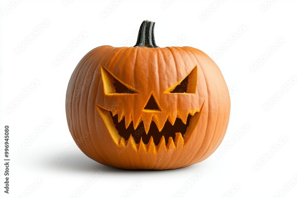 A cartoon orange Jack-o-lantern with a smiling Halloween pumpkin isolated on a white background A cartoon orange Jack-o-lantern with a smiling Halloween pumpkin isolated on a white background