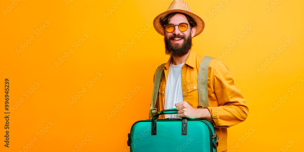 Joven hombre de amarillo con una maleta a punto de viajar Joven hombre de amarillo con una maleta a punto de viajar