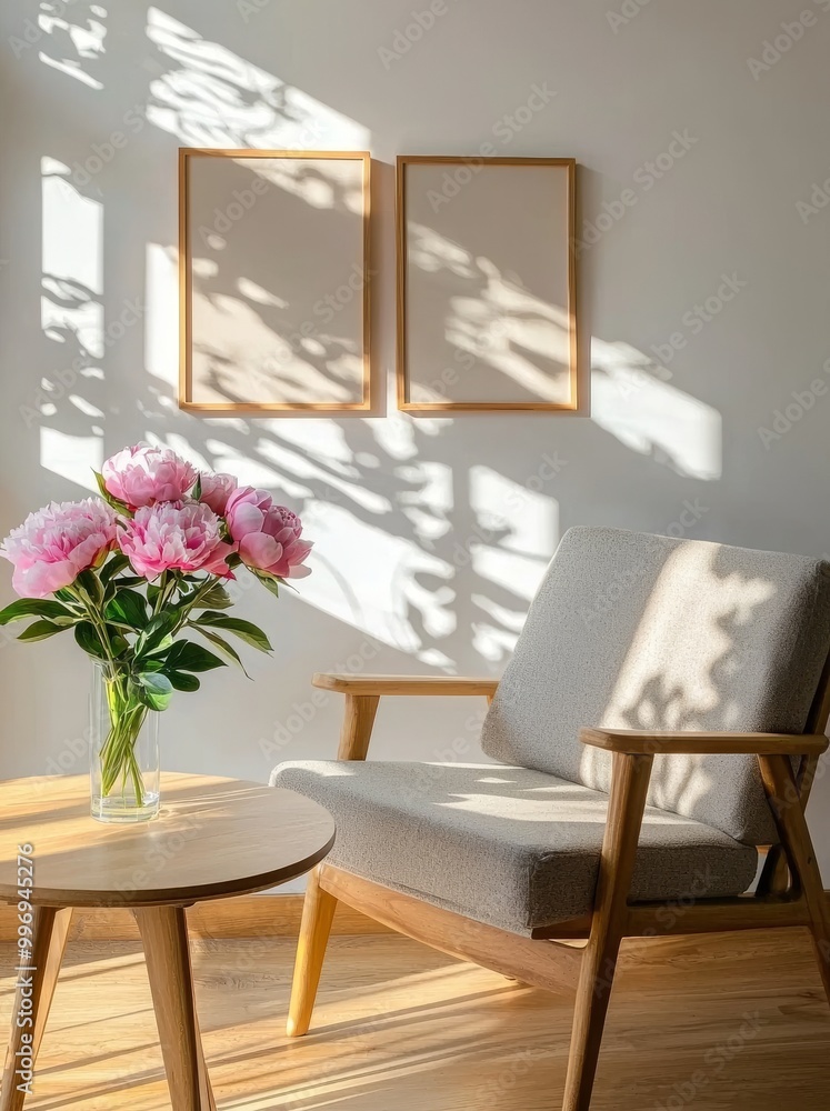 The mock-up is set in the background of a home interior, showing a cozy bedroom with natural rattan furnishings, in 3D The mock-up is set in the background of a home interior, showing a cozy bedroom with natural rattan furnishings, in 3D