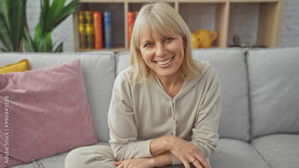 Smiling blonde woman sitting comfortably on a grey sofa in a cozy living room. Smiling blonde woman sitting comfortably on a grey sofa in a cozy living room.