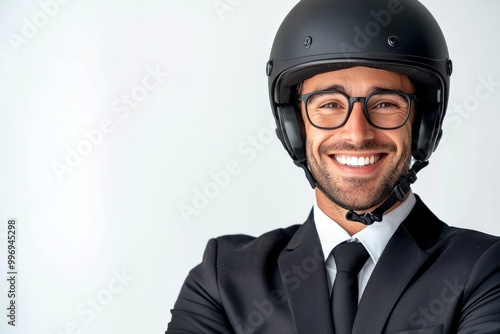 An engineer in formal attire and a construction helmet is smiling, isolated on white.