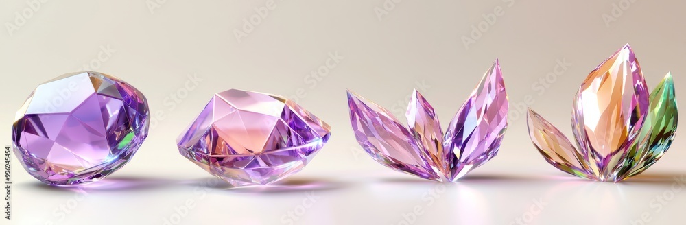 A geometric 3D glass panel set featuring a flying rectangle icon made of crystal, holographic purple glossy cube. Acrylic plastic shape, different angles, futuristic reflective design object. A geometric 3D glass panel set featuring a flying rectangle icon made of crystal, holographic purple glossy cube. Acrylic plastic shape, different angles, futuristic reflective design object.