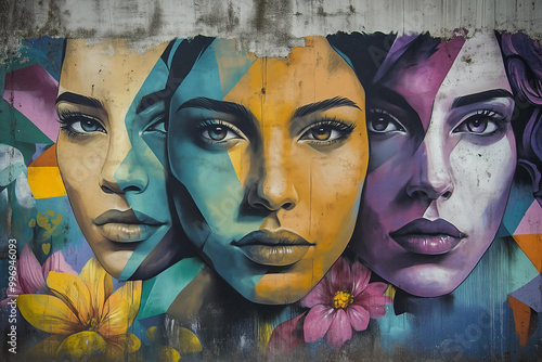 mural street art graffiti on the wall. Abstract pastel color woman faces with flowers 