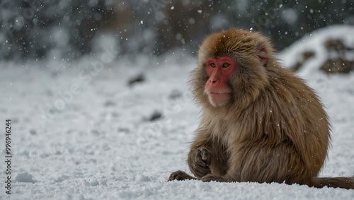 Japanese macaque sitting in the snow in Nagano.