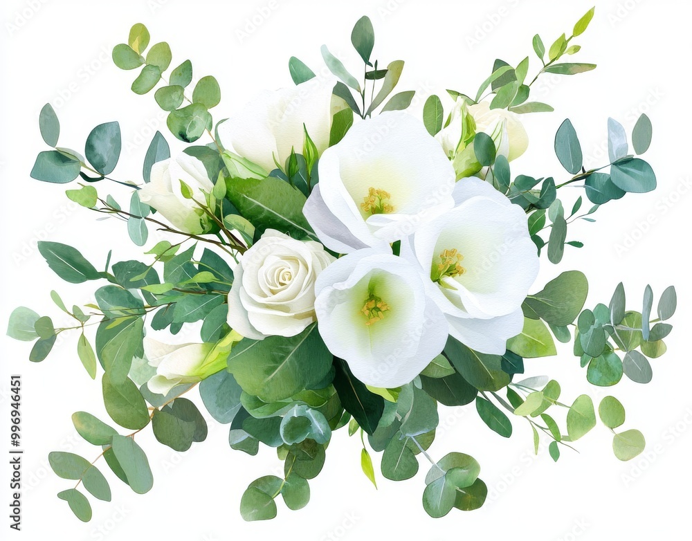 Fototapeta premium This watercolor illustration is intended for use as a background for wedding invitations, wedding invitations, or as a wedding invitation. Watercolor white flowers arrangement.