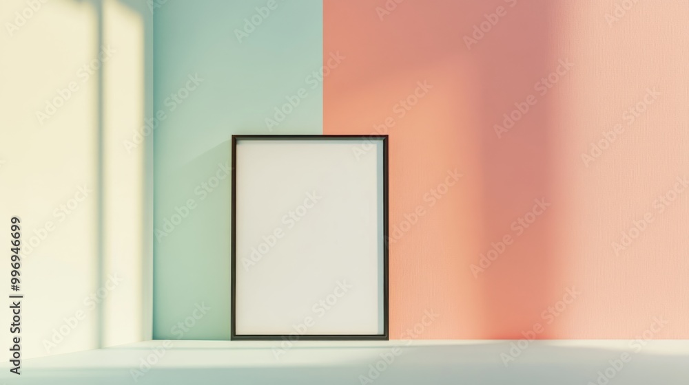A large empty frame stands prominently in a museum, showcasing a white paper poster mockup. The surrounding walls are painted in soft pastel colors, enhancing the aesthetic A large empty frame stands prominently in a museum, showcasing a white paper poster mockup. The surrounding walls are painted in soft pastel colors, enhancing the aesthetic