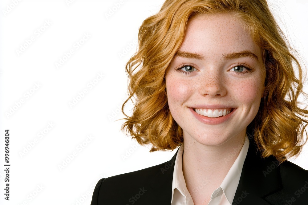 Isolated on white background, a middle-aged woman with a ponytail and a professional outfit is smiling Isolated on white background, a middle-aged woman with a ponytail and a professional outfit is smiling
