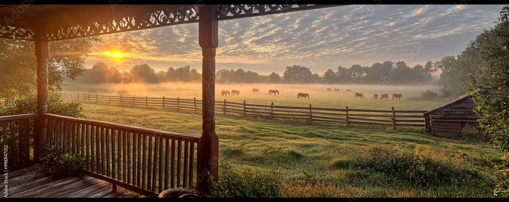 Fototapeta premium An early morning view from a farmhouse porch, showing a misty meadow, a wooden fence, and horses grazing in the distance under a soft sunrise