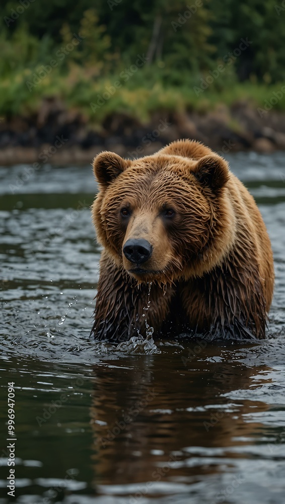 Kamchatka brown bear fishing in a summer river. Kamchatka brown bear fishing in a summer river.