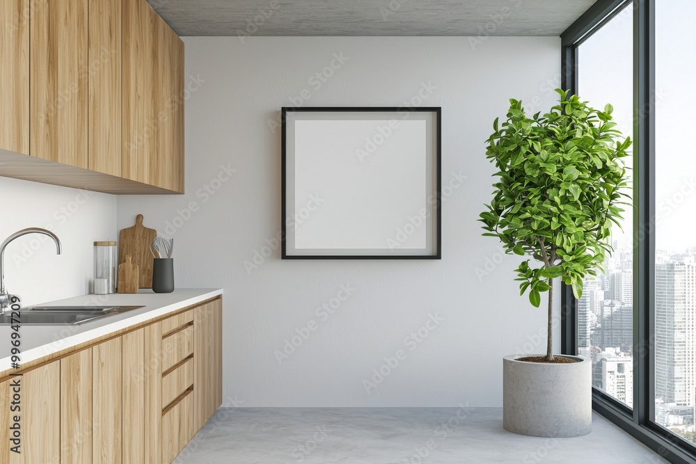 A modern home kitchen with a panoramic window and a cabinet. Mock up frame. A modern home kitchen with a panoramic window and a cabinet. Mock up frame.