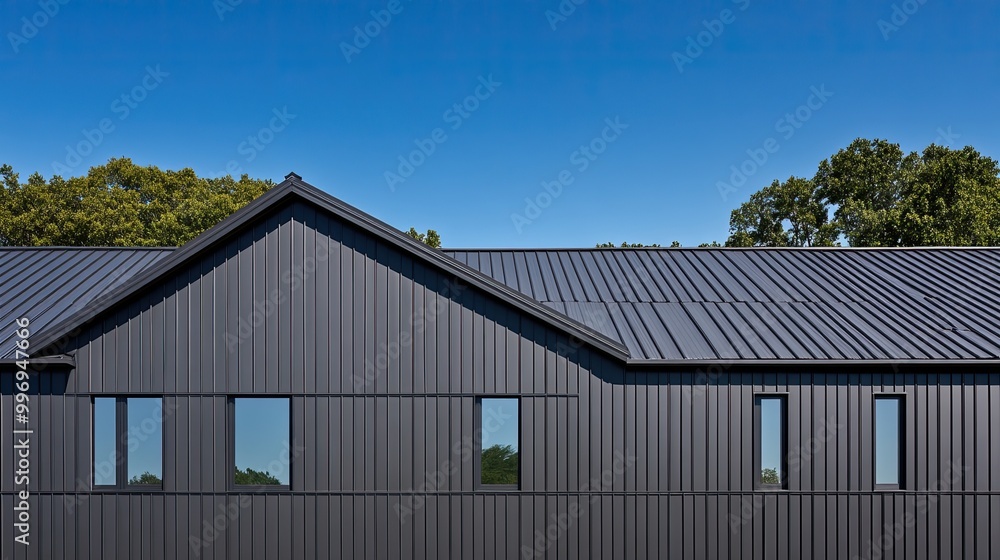 A charming small house in France showcases a modern design with vertical gray metal cladding and white walls against a clear blue sky, embodying simplicity and serenity A charming small house in France showcases a modern design with vertical gray metal cladding and white walls against a clear blue sky, embodying simplicity and serenity