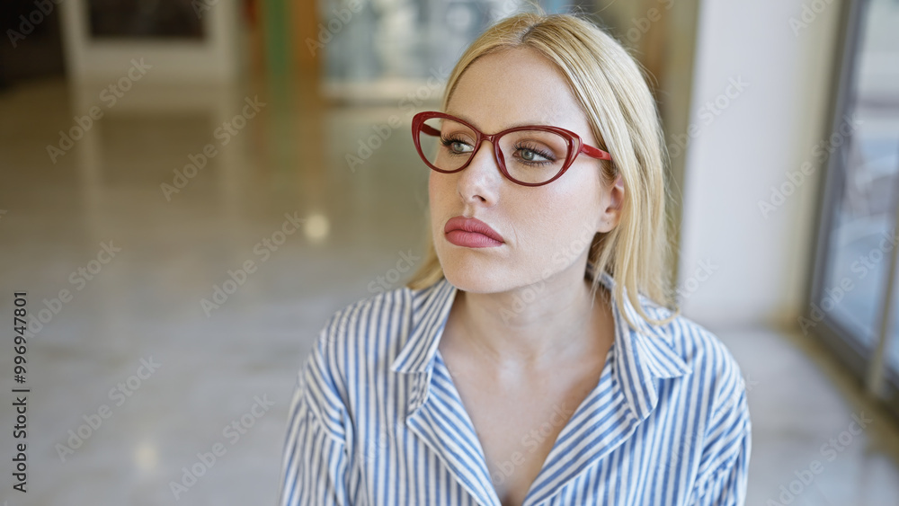 Portrait of a thoughtful young woman with blonde hair and red glasses, standing indoors with a blurry urban background. Portrait of a thoughtful young woman with blonde hair and red glasses, standing indoors with a blurry urban background.