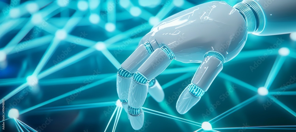 Technology concept of blockchain, AI, Robot hand holding an abstract blockchain. Network of data with AI. Security coded block and crypto chain. Technology concept of blockchain, AI, Robot hand holding an abstract blockchain. Network of data with AI. Security coded block and crypto chain.