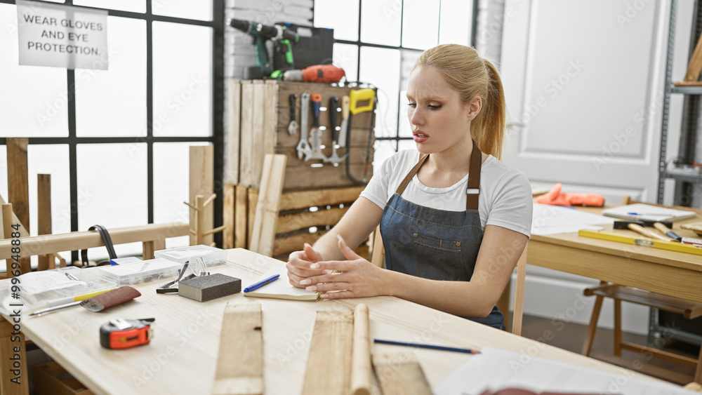 Caucasian blonde woman working thoughtfully in a carpentry workshop surrounded by woodworking tools. Caucasian blonde woman working thoughtfully in a carpentry workshop surrounded by woodworking tools.