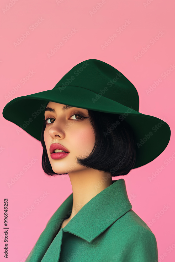 fashion magazine style photoshoot of an elegant European woman with a brunette retro bob hairstyle, wearing a green hat and a green coat, with retro colors, a pink background, studio lighting