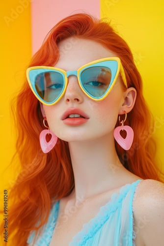 vibrant and playful fashion photoshoot featuring a red-haired model wearing colorful , blue sunglasses with yellow frames, pink earrings, and posing against an abstract background 