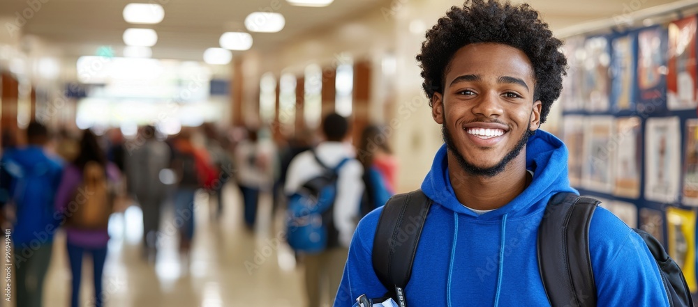 An enthusiastic high school graduate at a college fair collects university information An enthusiastic high school graduate at a college fair collects university information
