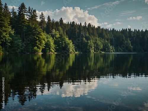 Lake and Forest with Sky Reflection