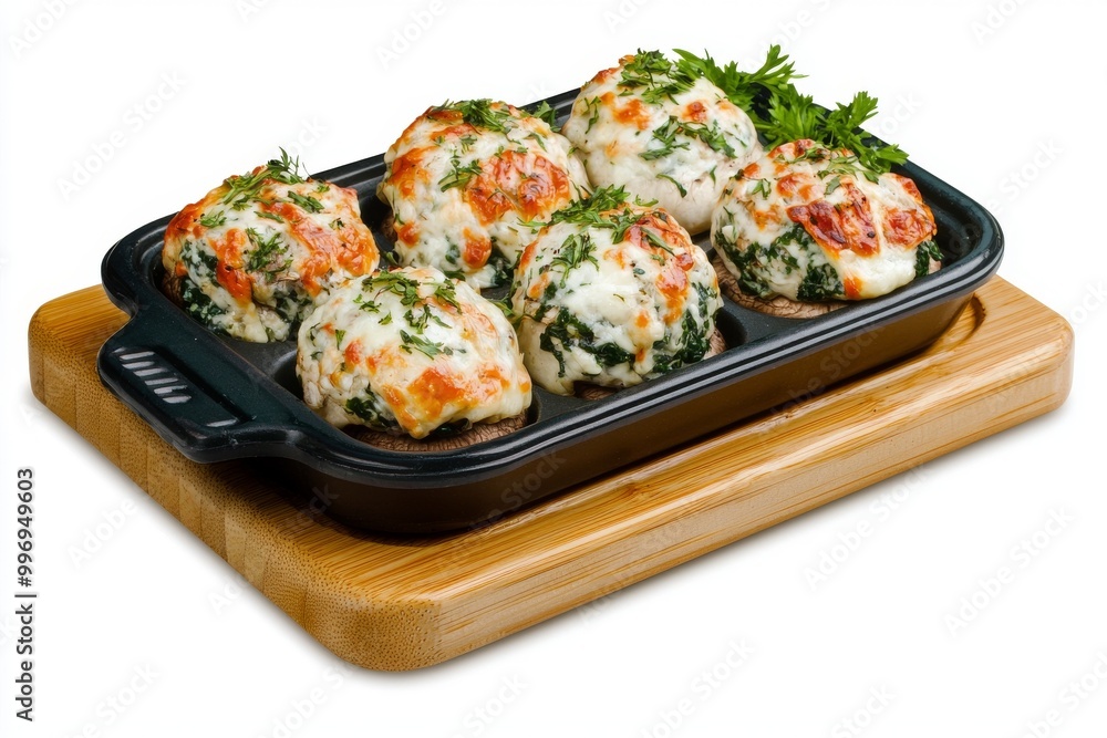 A white background with stuffed mushrooms on a frying pan, top view A white background with stuffed mushrooms on a frying pan, top view