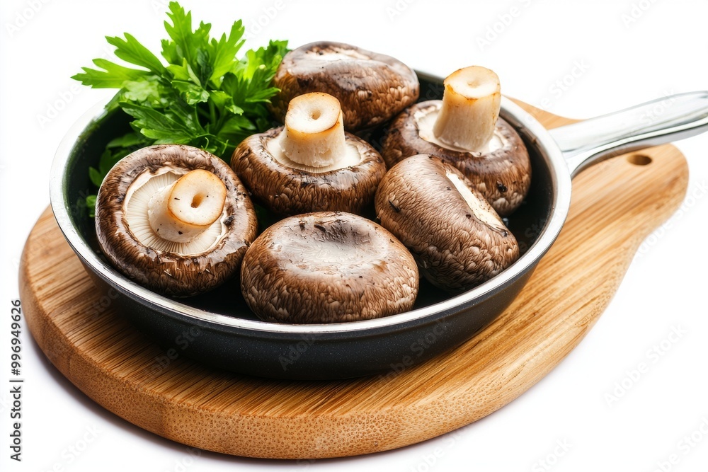 Top view of stuffed mushrooms on a kitchen board on a white background Top view of stuffed mushrooms on a kitchen board on a white background