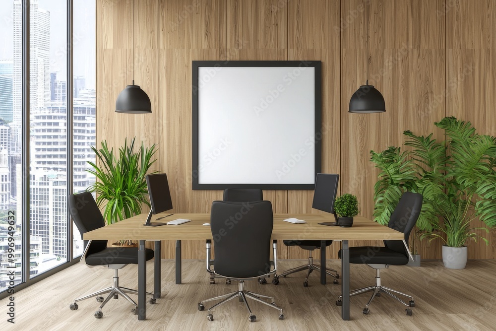 Design office interior with empty white mock-up banner, decorative wall, panoramic windows, and furniture in 3D. Design office interior with empty white mock-up banner, decorative wall, panoramic windows, and furniture in 3D.
